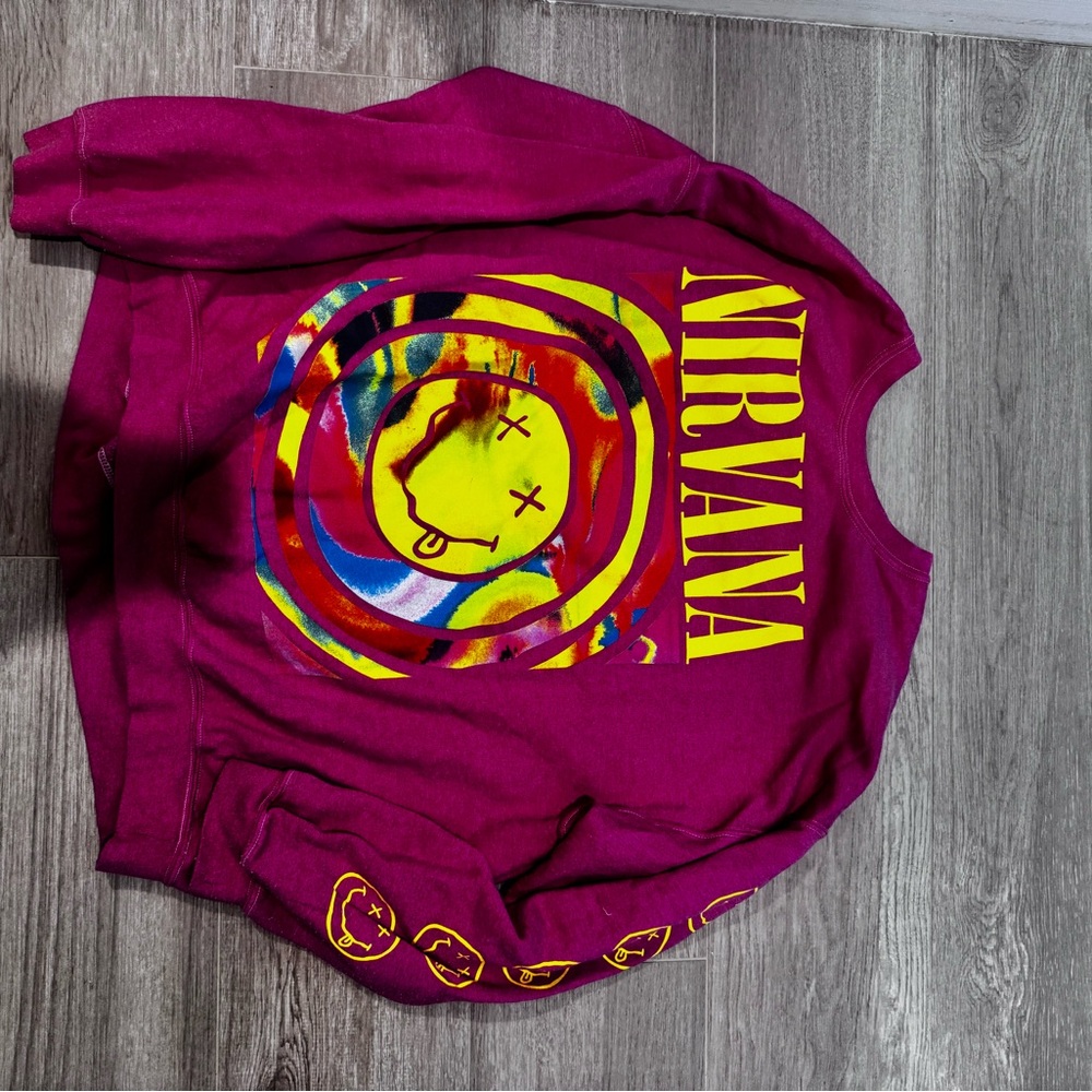 NIRVANA Magenta Crewneck with Yellow Smiley Graphic